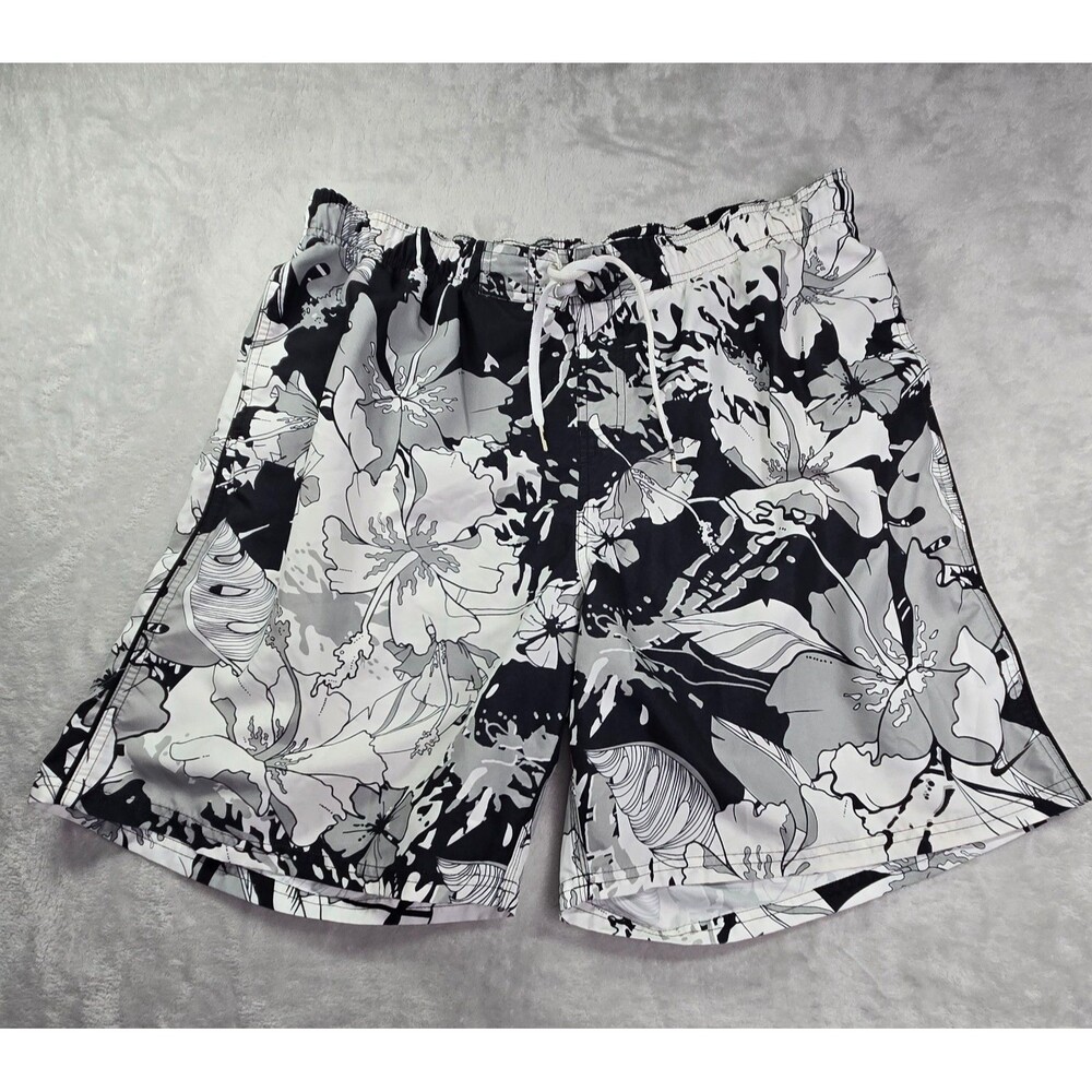 Nike Swim Trunks Men's XXL Black White Floral Hibiscus Board Shorts Drawstring